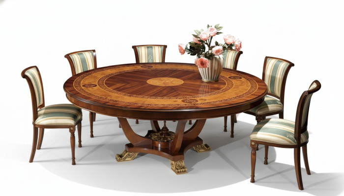 Mesa redonda de madera de estilo clásico para el comedor o la sala de estar en color marrón, nueva.