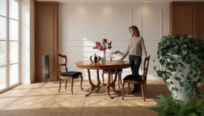 Diseño de mesa redonda comedor, mesas redondas marrones de madera, mesa de comedor nueva.