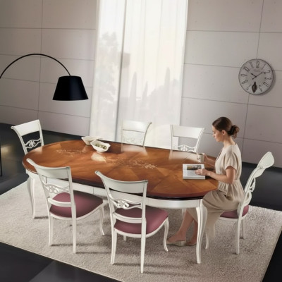 Mesa de comedor clásica de madera, conjunto de comedor con 4 sillas en blanco.