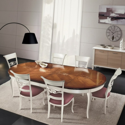 Mesa de comedor clásica de madera, conjunto de comedor con 4 sillas en blanco.