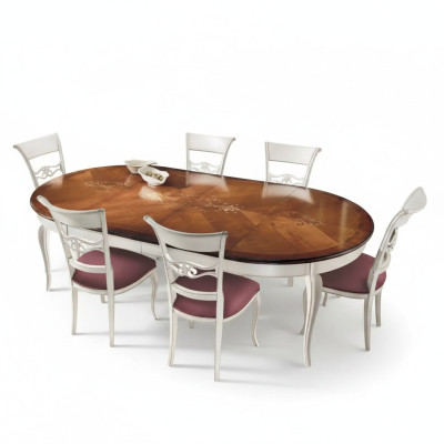 Mesa de comedor clásica de madera, conjunto de comedor con 4 sillas en blanco.