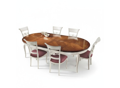 Mesa de comedor clásica de madera, conjunto de comedor con 4 sillas en blanco.