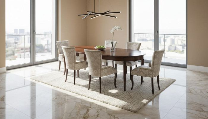 Diseño de comedor conjunto de 5 piezas. Grupo de sillas de muebles, mesa y 4 sillas.
