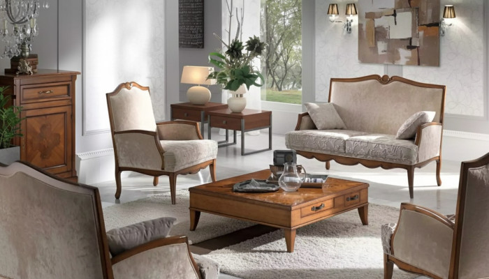 Conjunto de sala de estar: sillón, mesa de centro, sofá de 2 plazas, tapizado, lujoso, beige, nuevo.