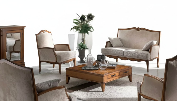 Conjunto de sala de estar: sillón, mesa de centro, sofá de 2 plazas, tapizado, lujoso, beige, nuevo.