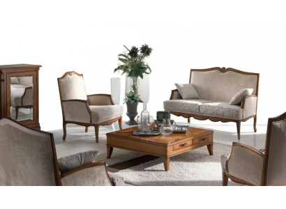 Conjunto de sala de estar: sillón, mesa de centro, sofá de 2 plazas, tapizado, lujoso, beige, nuevo.