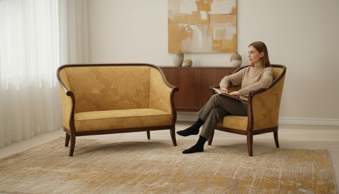 Sofá sofá tapizado clásico de 2 plazas sillón amarillo estilo italiano