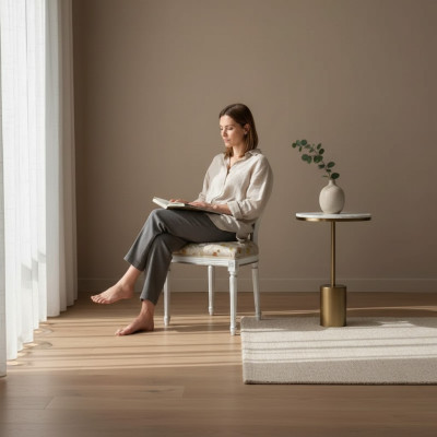 Silla marrón diseño sala de estar comedor madera tapizada sin reposabrazos nueva.
