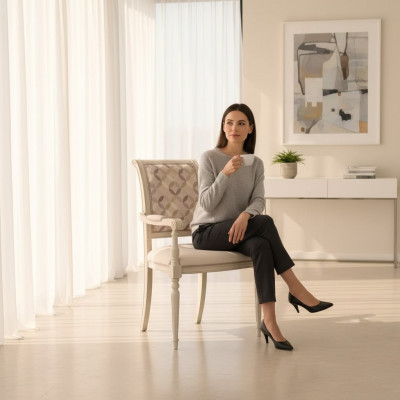 Comedor Sillas de madera Tapizado con apoyabrazos Beige Diseño de silla Sillón