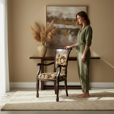 Silla marrón diseño sala de estar comedor madera tapizada con reposabrazos Nuevo