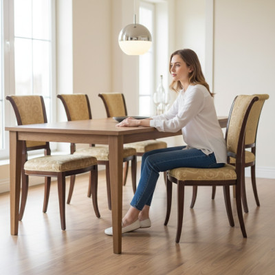 Diseño de lujo de silla tapizada sin reposabrazos en beige para comedor.