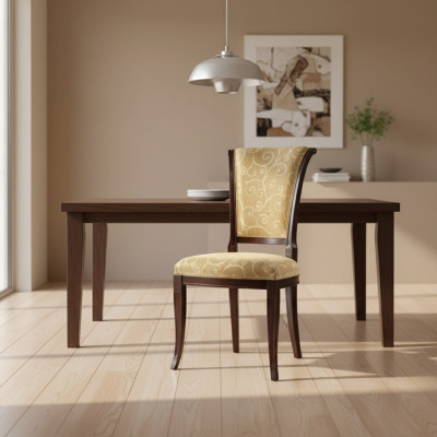 Diseño de lujo de silla tapizada sin reposabrazos en beige para comedor.