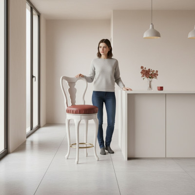Clásica silla blanca, taburete de bar diseñado, silla de madera, muebles de lujo, taburete.