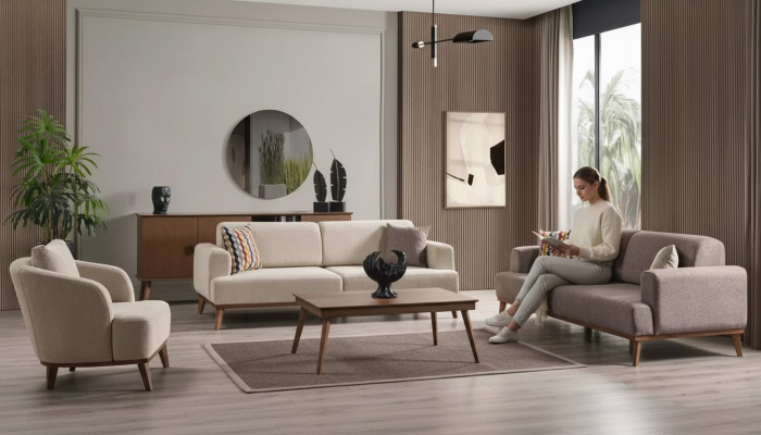 Juego de muebles para sala de estar 331 sofá de 3 plazas sillón grupo de 4 piezas beige nuevo