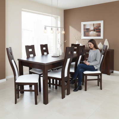Mesa de comedor clásica de madera, juego de comedor 6 sillas marrón.