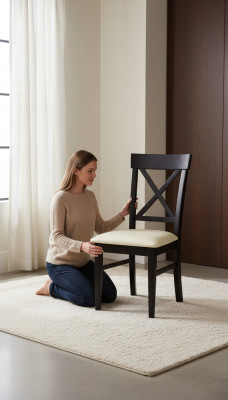 Silla clásica de madera negra con asiento acolchado de diseño textil estilo moderno nuevo.