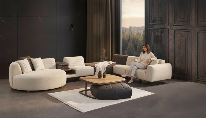 Conjunto de sala de estar Sofá en U Sofá de lujo Mesita de centro moderna Taburete
