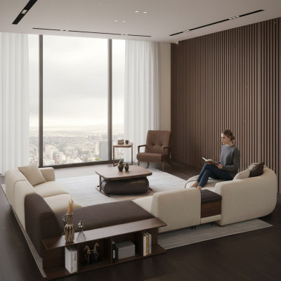 Conjunto de sala de estar Sofá de esquina en forma de U Nuevo Sillón de lujo Mesa de centro de madera Heces