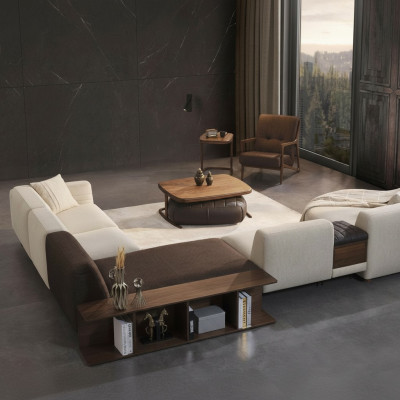 Conjunto de sala de estar Sofá de esquina en forma de U Nuevo Sillón de lujo Mesa de centro de madera Heces