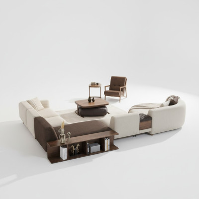 Conjunto de sala de estar Sofá de esquina en forma de U Nuevo Sillón de lujo Mesa de centro de madera Heces