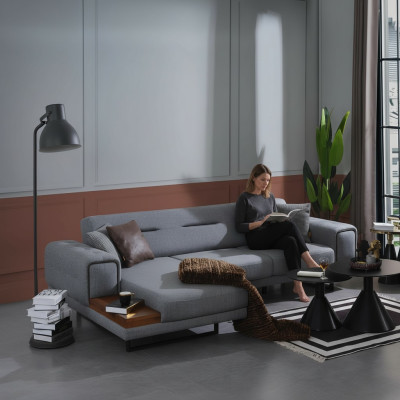 Sofá esquinero gris moderno en forma de L para la sala de estar, lujoso y de diseño nuevo.