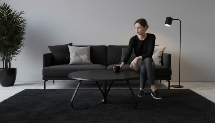 Sala de estar negra, mesa de centro moderna, diseño de interiores, muebles de lujo.
