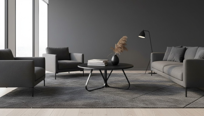Sala de estar negra, mesa de centro moderna, diseño de interiores, muebles de lujo.