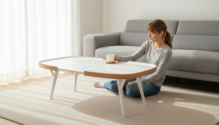 Mesa de centro blanca de madera, diseño moderno de sala de estar.