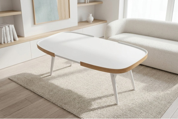Mesa de centro blanca de madera, diseño moderno de sala de estar.