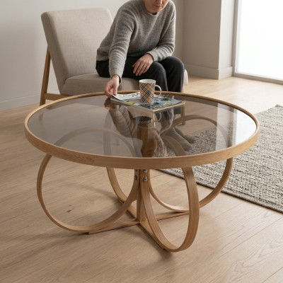 Mesa de café de sala de estar, mesa redonda de diseñador, mesa de centro de cristal, muebles de lujo.