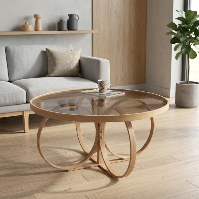 Mesa de café de sala de estar, mesa redonda de diseñador, mesa de centro de cristal, muebles de lujo.