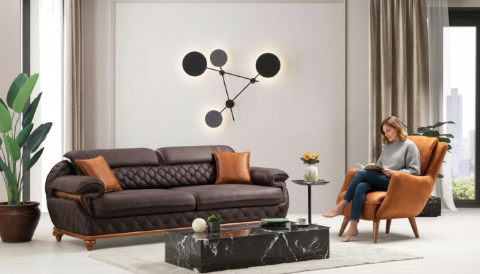 Conjunto de sala de estar moderno completo: sillón, sofá, sofá, asiento acolchado, tres plazas.