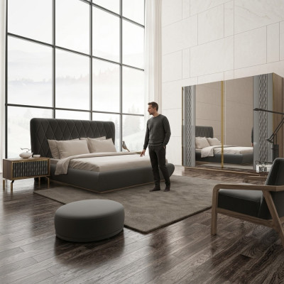 Conjunto completo de cama doble de lujo con 2 mesitas de noche y armario de diseño.