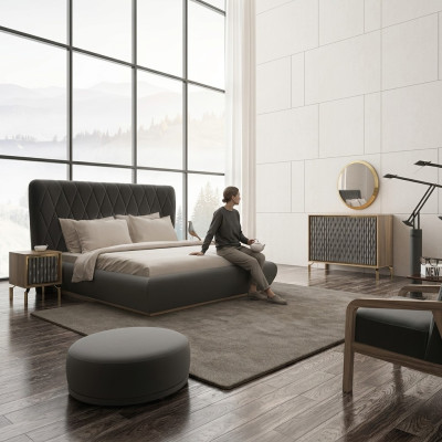 Diseño completo de dormitorio cama de madera 2 mesitas de noche cómoda con espejo