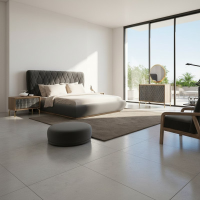 Diseño completo de dormitorio cama de madera 2 mesitas de noche cómoda con espejo