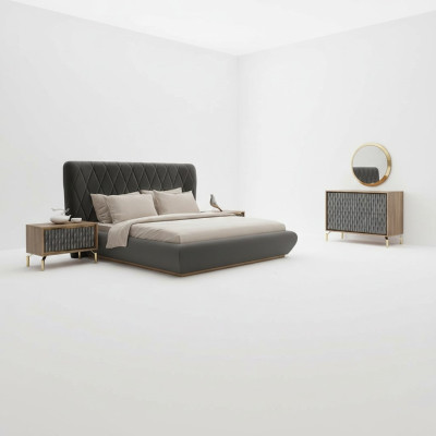 Diseño completo de dormitorio cama de madera 2 mesitas de noche cómoda con espejo