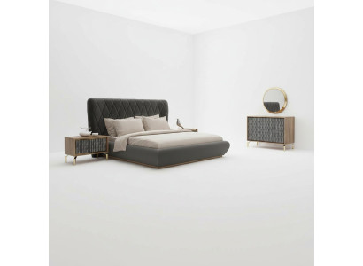 Diseño completo de dormitorio cama de madera 2 mesitas de noche cómoda con espejo