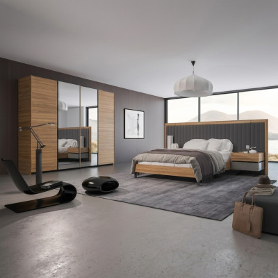 Juego de dormitorio 3 piezas, cama doble moderna, 2 mesitas de noche, diseño de madera completo
