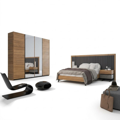 Juego de dormitorio 3 piezas, cama doble moderna, 2 mesitas de noche, diseño de madera completo