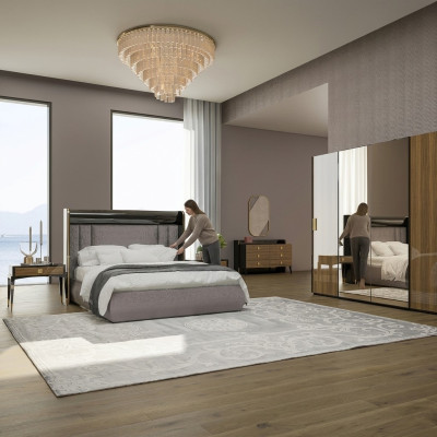 Conjunto de lujo de 6 piezas para dormitorio de cama doble con tocador, espejo y 2 mesitas de noche.