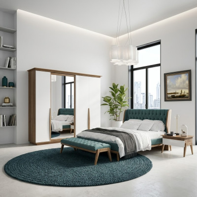 Dormitorio completo Cama 2x Mesitas de noche Moderno Armario Banco Nuevo