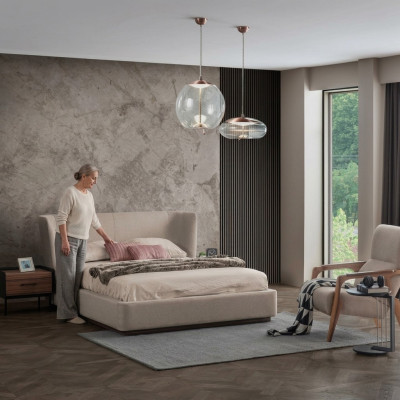 Moderno juego de dormitorio de cama doble beige con 2 mesitas de noche, mobiliario de lujo nuevo.