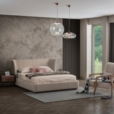 Moderno juego de dormitorio de cama doble beige con 2 mesitas de noche, mobiliario de lujo nuevo.