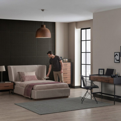 Diseño completo de 4 piezas para dormitorio, cama, mesita de noche, cómoda moderna, nueva.