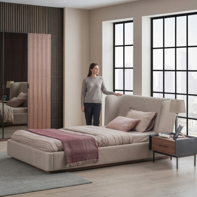Conjunto de dormitorio de lujo con cama completa moderna y mesita de noche de madera de 2 piezas.