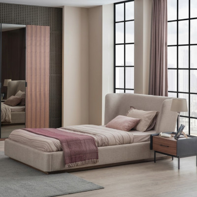 Conjunto de dormitorio de lujo con cama completa moderna y mesita de noche de madera de 2 piezas.