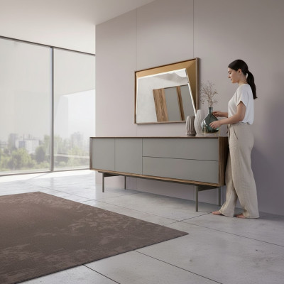 Comedor completo con aparador y espejo, diseño de armario de madera.
