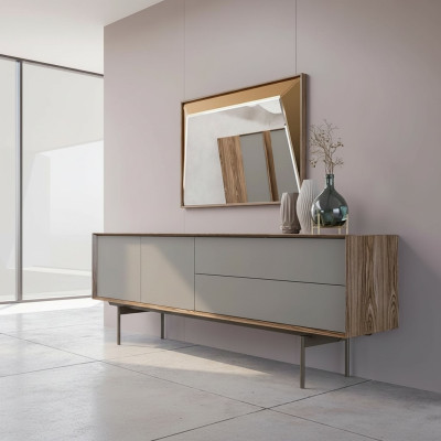 Comedor completo con aparador y espejo, diseño de armario de madera.