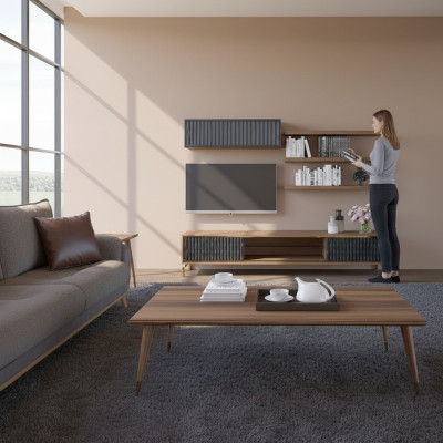Conjunto completo de muebles de madera modernos para sala de estar, armario de pared, 5 piezas, 3 estantes de pared nuevos.