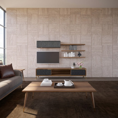 Conjunto completo de muebles de madera modernos para sala de estar, armario de pared, 5 piezas, 3 estantes de pared nuevos.